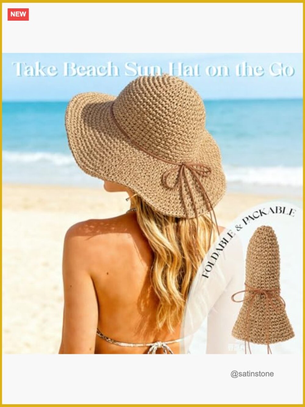 Floppy Wide Brim Paper Straw Sun Hat, Foldable Packable Roll Up Beach Hat - Picture 6 of 7